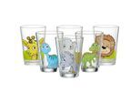 Kinderbecher RITZENHOFF & BREKER "Kindergläser Dino und Dschungeltiere 200 ml 6er Set bunt", bunt, B:7cm H:10cm Ø:7cm, Glas, Trinkgefäße, Kinderbecher, Spülmaschinengeeignet