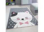 Muratap Kids poesje vloerkleed kinderkamer grijs / roze laagpolig- 160x230 cm