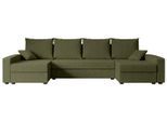 WOHNLANDSCHAFT mit Schlaffunktion und Bettkasten ALESIA-U 301x140x90 cm Grün Bouclé