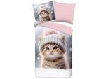 Kinderbettwäsche GOOD MORNING "Patt", rosa, B/L: 135cm x 200cm, 1 Stk., 1 Stk., Flanell, B/L: 80cm x 80cm, 2 Stk., Flanell, Obermaterial: 100% Baumwolle, Bettwäsche, Flanell, Biber, 135x200, Warm, Wende, Kind, Mädchen, Katze, Rosa, Grau