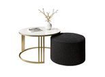 COUCHTISCH mit Hocker LORI GLASS gebürstetes Gold/weißes Glas/Coral 60