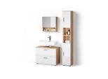 BADMÖBEL-SET Ronco Weiß Hochglanz/Goldkraft Eiche 3 Teile, mit Schubladenschrank und Hochschrank