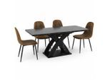 TISCHGRUPPE 5-teilig Ausziehtisch in Marmoroptik & 4 Polsterstühle im Vintage-Look