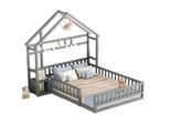KINDERBETT 140x200 cm Hausbett Grau – Massivholz Bett mit Geländer & Nachttisch