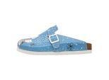 Hausschuh DOGO "Comfie Pantoletten Hausschuhe Family Portrait Damen Sandalen", Damen, Gr. 40, Normalschaft, blau, Lederimitat, Schuhe Hausschuh, Handgefertigt