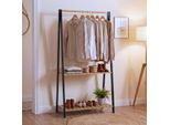 Bambus Standgarderobe MCW-Q32, Garderobenständer Kleiderständer Schuhregal, Stange 2 Ablagen 130x70x44cm ~ natur-schwarz