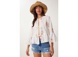 Rüschen Crew-Neck Langarm Bluse mit Blumenmuster