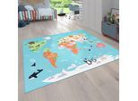 Kinderteppich PACO HOME "Bino 564", blau (türkis), B:200cm H:4mm L:290cm, Polyester, Teppiche, Kinderteppich, Kurzflor, Motiv Weltkarte, Kinderzimmer
