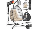 ELONEO Hängesessel mit Gestell und Premium Polster, Hängesessel Outdoor und Indoor inkl. Abdeckplane, Hängeschaukel Outdoor belastbar bis 160kg, Creme