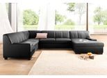 Wohnlandschaft DOMO COLLECTION "Norma, Kunstleder-Bezug, viel Platz, zeitlos & elegant, Breite 329cm", schwarz, B:329cm H:74cm T:85cm, Microfaser PRIMABELLE (100% Polyester);Kunstleder SOFTLUX;Struktur (90% Poyester, 10% Polyacryl);NaturLEDER (echtes Rindsleder), Korpus Kunstleder SOFTLUX, Sofas, Wohnlandschaft, extrabreite Armlehnen, U-Form, wahlweise mit Bettfunktion