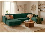 Wohnlandschaft HOME AFFAIRE "Booster, whlw. mit Schlaffunktion & Bettkasten, Fuß Buche lackiert", grün (dunkelgrün), B:305cm H:83cm T:161cm, 92% Polyester, 8% Polyamid, Sofas, Wohnlandschaft, Sofa in U-Form, Breite 305 cm, in Cord oder Struktur