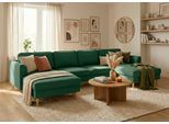 Wohnlandschaft HOME AFFAIRE "Booster, whlw. mit Schlaffunktion & Bettkasten, Fuß Buche lackiert", grün (dunkelgrün), B:305cm H:83cm T:161cm, 100% Polyester, Sofas, Wohnlandschaft, Sofa in U-Form, Breite 305 cm, in Cord oder Struktur