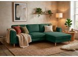 Ecksofa HOME AFFAIRE "Booster, whlw. mit Schlaffunktion & Bettkasten, Fuß Buche lackiert", grün (dunkelgrün), B:232cm H:83cm T:161cm, 92% Polyester, 8% Polyamid, Sofas, Ecksofa, Recamiere beidseitig montierbar, L-Form, in Cord & Struktur, B: 232 cm