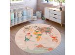 Kinderteppich PACO HOME "Bino 583", beige, H:4mm Ø:160cm, Polyester, Teppiche, Kinderteppich, Spielteppich, Motiv Weltkarte & Dinosaurier, Kinderzimmer