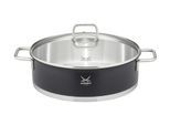 Servierpfanne SANSIBAR LIVING "TORLAND, mit Glasdeckel", schwarz, B:30cm H:11cm L:33cm Ø:28cm, Pfannen, mit Literskala und Öl-Dosier-System, geeignet für alle Herdarten