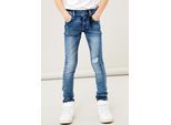 Stretch-Jeans NAME IT "NKMPETE DNMTONSON", Jungen, Gr. 158, N-Gr, blau (medium blau denim), Denim/Jeans, Obermaterial: 74% Baumwolle, 24% Polyester, 1% Elasthan, 1% Viskose, Abriebeffekte, skinny fit normal, Jeans