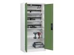 C+P Akkuladeschrank Acurado, abschließbar, mit Lüftung + Inneneinrichtung, B 930 x T 500 x H 1950 mm, Stahl, resedagrün RAL 6011/lichtgrau RAL 7035