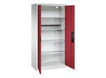 C+P Akkuladeschrank Acurado, abschließbar, mit Inneneinrichtung, B 930 x T 500 x H 1950 mm, Stahl, rubinrot RAL 3003/lichtgrau RAL 7035