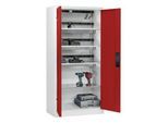 C+P Akkuladeschrank Acurado, abschließbar, mit Lüftung + Inneneinrichtung, B 930 x T 500 x H 1950 mm, Stahl, rubinrot RAL 3003/lichtgrau RAL 7035