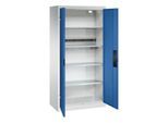 C+P Akkuladeschrank Acurado, abschließbar, mit Inneneinrichtung, B 930 x T 500 x H 1950 mm, Stahl, enzianblau RAL 5010/lichtgrau RAL 7035