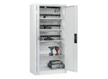 C+P Akkuladeschrank Acurado, abschließbar, mit Lüftung + Inneneinrichtung, B 930 x T 500 x H 1950 mm, Stahl, lichtgrau RAL 7035/lichtgrau RAL 7035