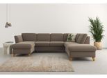 Wohnlandschaft HOME AFFAIRE "Trelleborg U-Form", beige (dunkelbeige), B:307cm H:86cm T:213cm, 100% Polyester, Sofas, Wohnlandschaft, Federkern-Polsterung, wahlweise mit Bettfunktion und Stauraum