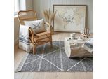 Teppich SANSIBAR "Braderup", grau (anthrazit), B:60cm H:2mm L:100cm, Schurwolle, Teppiche, Teppich, Flachgewebe, modernes Scandi Design, Motiv Rauten, mit Fransen