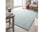 Teppich SANSIBAR "Braderup", blau (hellblau), B:80cm H:2mm L:150cm, Schurwolle, Teppiche, Teppich, Flachgewebe, modernes Scandi Design, Motiv Rauten, mit Fransen