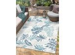 Outdoorteppich "Reef, LAGERRÄUMUNG", blau (blau,cream,blau), B:100cm H:6mm L:160cm, Polypropylen, MYFLAIR MÖBEL & ACCESSOIRES, Teppiche, Outdoorteppich, Wendeteppich, Blätter Motiv, Outdoor geeignet, Balkon, Terrasse