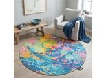 Teppich SANSIBAR "Keitum 006", bunt (multicolor), H:3mm Ø:100cm, Polyester, Teppiche, Teppich, Flachgewebe, modernes Design, Motiv Totenkopf & gekreuzte Säbel