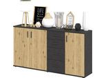 Kommode FMD "Albi", schwarz (matera, artisan eiche), B:160cm H:83cm T:35cm, Holzwerkstoff, Sideboards, Kommode