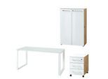 BÜRO-SET MUENCHEN 3-tlg | Schreibtisch, Schrank, Container | Glasfront | Chalet-Eiche-Nb./Weiß