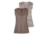 Rüschentop LASCANA "mit kurzer Knopfleiste", Damen, Gr. 32/34, grau (taupe, bedruckt, taupe, uni), Obermaterial: 76% Viskose (LENZING™ ECOVERO™), 24% Polyester, unifarben, figurumspielend, V-Ausschnitt, Tops Rüschentop, Sommertops aus luftiger Viskose-Qualität