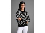 Rundhalspullover LAURA SCOTT, Damen, Gr. 36/38, schwarz-weiß (schwarz sanftes weiß gemustert), Feinstrick, Obermaterial: 50% Viskose, 26% Polyamid, 24% Polyester, Jacquardmuster, figurumspielend hüftlang, Rundhals, Raglanärmel Rippbündchen, Pullover Rundhalspullover, kuscheliger Strick mit Jaquardmuster und Knöpfen - NEUE KOLLEKTION