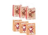 TSI Geschenktüten Set Serie 1.6, 6-teilig, 3 x Motiv „Nikolaus - Frohe Weihnachten“/3 x Motiv „Rentier“, Kraftpapier, braun