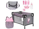 Puppenbett BAYER "Puppen-Reisebett-Set Fee", rosa (grau mit fee), Puppenmöbel, KinderB:26,5cm H:28,5cm T:43,5cm, Puppenbett, Schlafsack, Tasche, Teller, Flaschen, Besteck, Fläschchen u. Schnuller, B:26,5cm H:28,5cm T:43,5cm