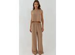 Leinengefühl Bluse & Elastischer Taillenbund Hosen Zweiteiliges Set