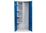 Putzmittelschrank, B 800 mm, 4 Böden, verkürzte Mitteltrennwand, abschließbar, enzianblau RAL 5010/l.grau RAL 7035