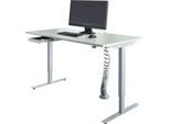 Schreibtisch, elektrisch höhenverstellbar, Rechteck, T-Fuß, B 1600 mm, lichtgrau/weißalu + Schublade & Kabelspirale