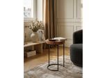 Beistelltisch Massivholz Metallbeine Baumstammform Landhausstil AKOLA, Dunkelbraun 28x28x45 cm