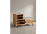 Schuhbank – Eiche-Dekor, 120x75,5x40 cm, Rattan-Elemente, Sitzbank gepolstert