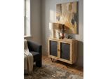 Sideboard – Mango Massivholz/Steinoptik, 80x75x35 cm, 2 Türen, klein, mit Metallgestell