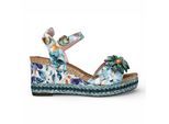 Laura Vita Facyo 75 damessandalen met sleehak, gemaakt van blauw leer met bloemenprint.