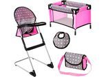 Puppenbett BAYER "Puppen-Reise-Set", grau, rosa punkte, Puppenmöbel, Kinder, Puppenbett, inklusive Hochstuhl, Lätzchen und Umhängetasche
