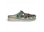 Laura Vita Dorry 01 damessandalen met bloemenprint, blauwe leren sleehak.