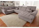 Wohnlandschaft DOMO COLLECTION "FRANZI 344x206x81 cm, elegant, komfortabel", grau (taupe), Sofas, B/H/T: 344cm x 81cm x 206cm, Chenille, Recamiere rechts, ohne Funktion, Flachgewebe (100% Polyester);Chenille (100% Polyester), Wohnlandschaft, U-Form, Recamiere rechts, taupe, B/T: 344/ 206 cm, B:344cm H:81cm T:206cm