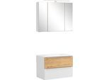 Badmöbel-Set WELLTIME "TRIENT, Set: Spiegelschrank und Waschtisch", matt weiß, B:80cm H:200cm T:47cm, MDF, Kastenmöbel-Sets, Badmöbel-Set, matt weiß/wildeiche, LED-Aufbauleuchte, 2tlg. Waschtisch-Set