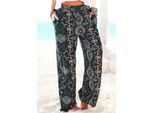 Strandhose LASCANA "aus leichter Viskose mit weitem Bein", Damen, Gr. 40, N-Gr, schwarz (schwarz, bedruckt), Jersey, Obermaterial: 100% Viskose, bedruckt, figurumspielend lang, Hosen Strandhose, mit Ethnoprint, Wide-Leg, Marlenehose, leichte Sommerhose, Schlupfhose, Topseller
