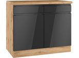 Unterschrank KOCHSTATION "KS-Virginia,neu in verbesserter Ausführung", schwarz (hochglanz schwarz, wotaneiche), B:100cm H:86cm T:60cm, MDF, Schränke, Unterschrank, Breite 100 cm, 2 Türen, Soft-Close-Funktion