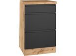 Unterschrank KOCHSTATION "KS-Virginia,neu in verbesserter Ausführung", matt schwarz, wotaneiche, B:50cm H:86cm T:60cm, MDF, Schränke, Unterschrank, Breite 50 cm, 1 Schubkasten, 2 Auszüge, Soft-Close-Funktion